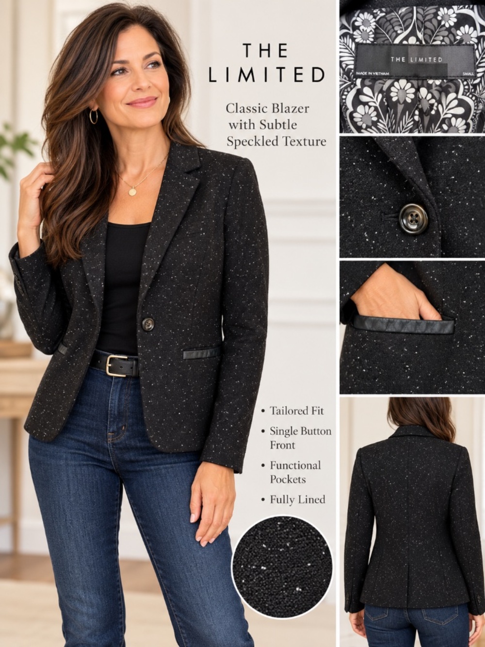 The Limited Black Speckled Tailored Blazer Jacket Size Small